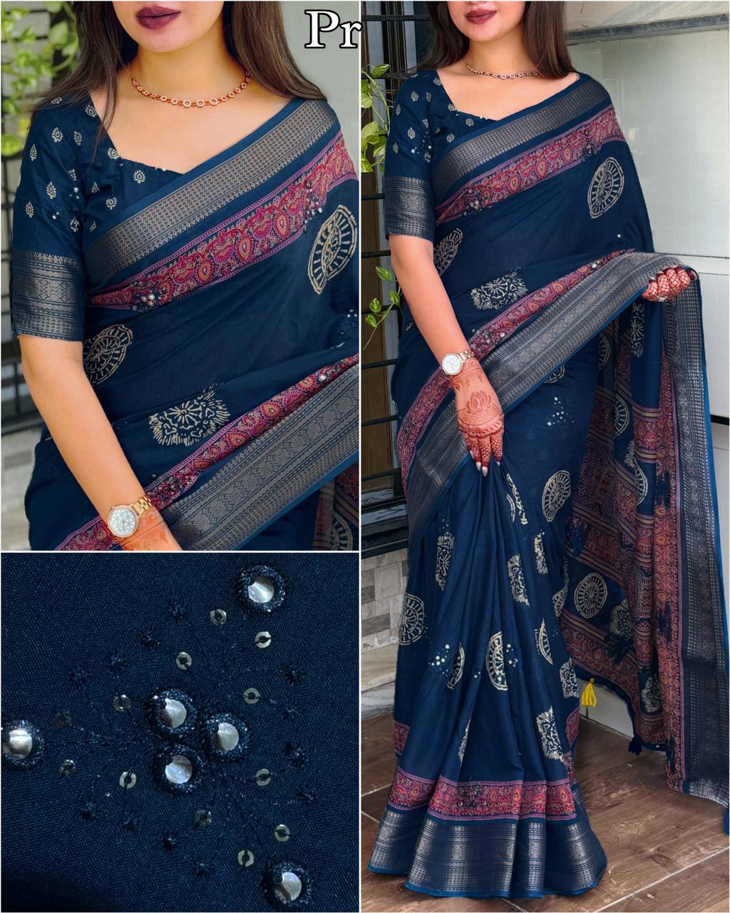 Designer Mirror Work & Zari Jacquard Border Ajrakh Print Pure Mul Cotton Saree with Blouse