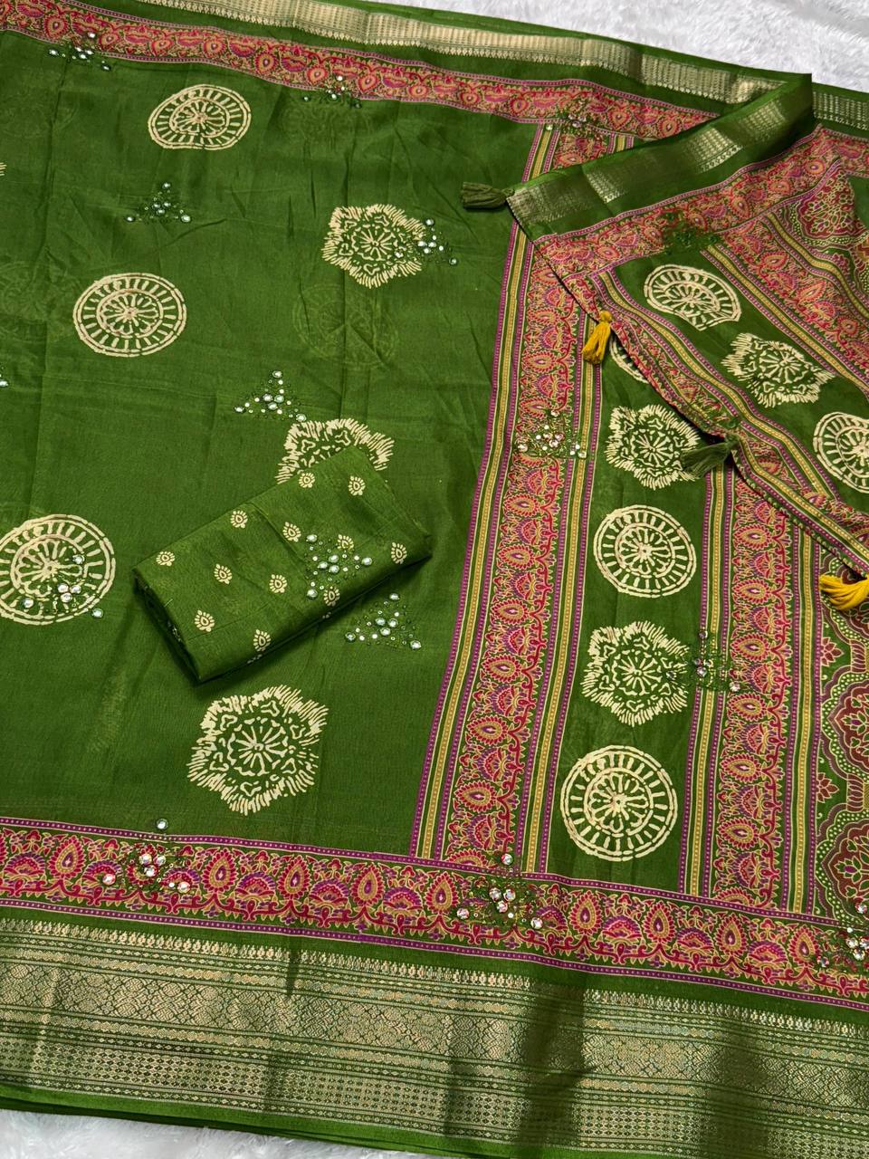 Designer Mirror Work & Zari Jacquard Border Ajrakh Print Pure Mul Cotton Saree with Blouse