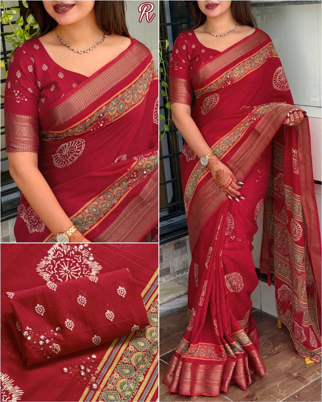 Designer Mirror Work & Zari Jacquard Border Ajrakh Print Pure Mul Cotton Saree with Blouse