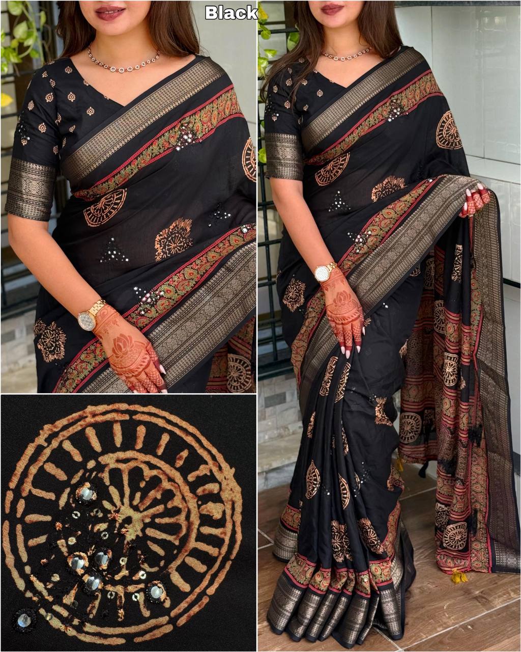 Designer Mirror Work & Zari Jacquard Border Ajrakh Print Pure Mul Cotton Saree with Blouse
