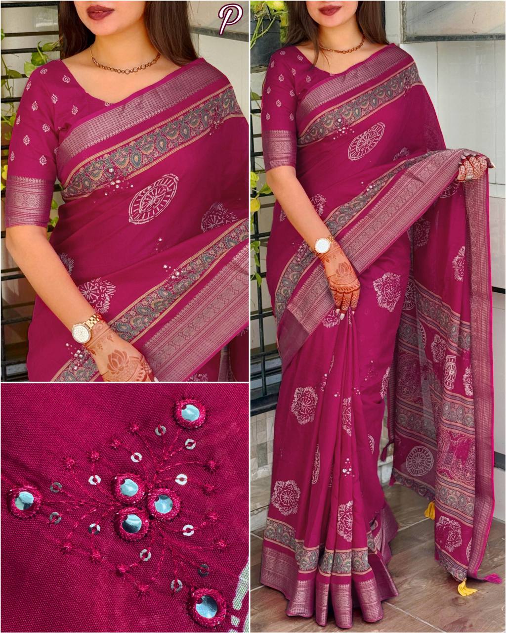 Designer Mirror Work & Zari Jacquard Border Ajrakh Print Pure Mul Cotton Saree with Blouse