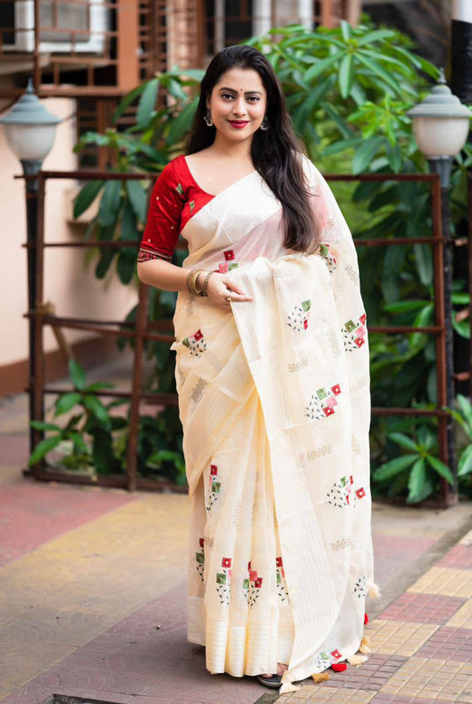 Embroidered Soft Kota Silk Saree with Contrast Phantom Silk Blouse
