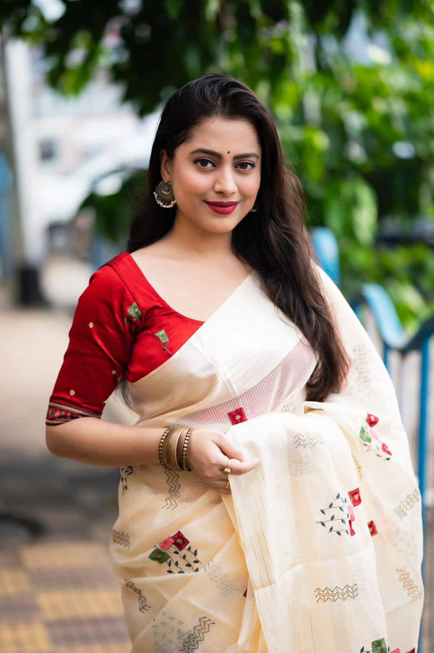 Embroidered Soft Kota Silk Saree with Contrast Phantom Silk Blouse