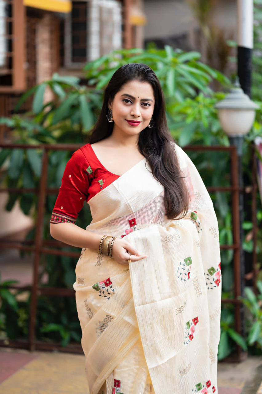 Embroidered Soft Kota Silk Saree with Contrast Phantom Silk Blouse