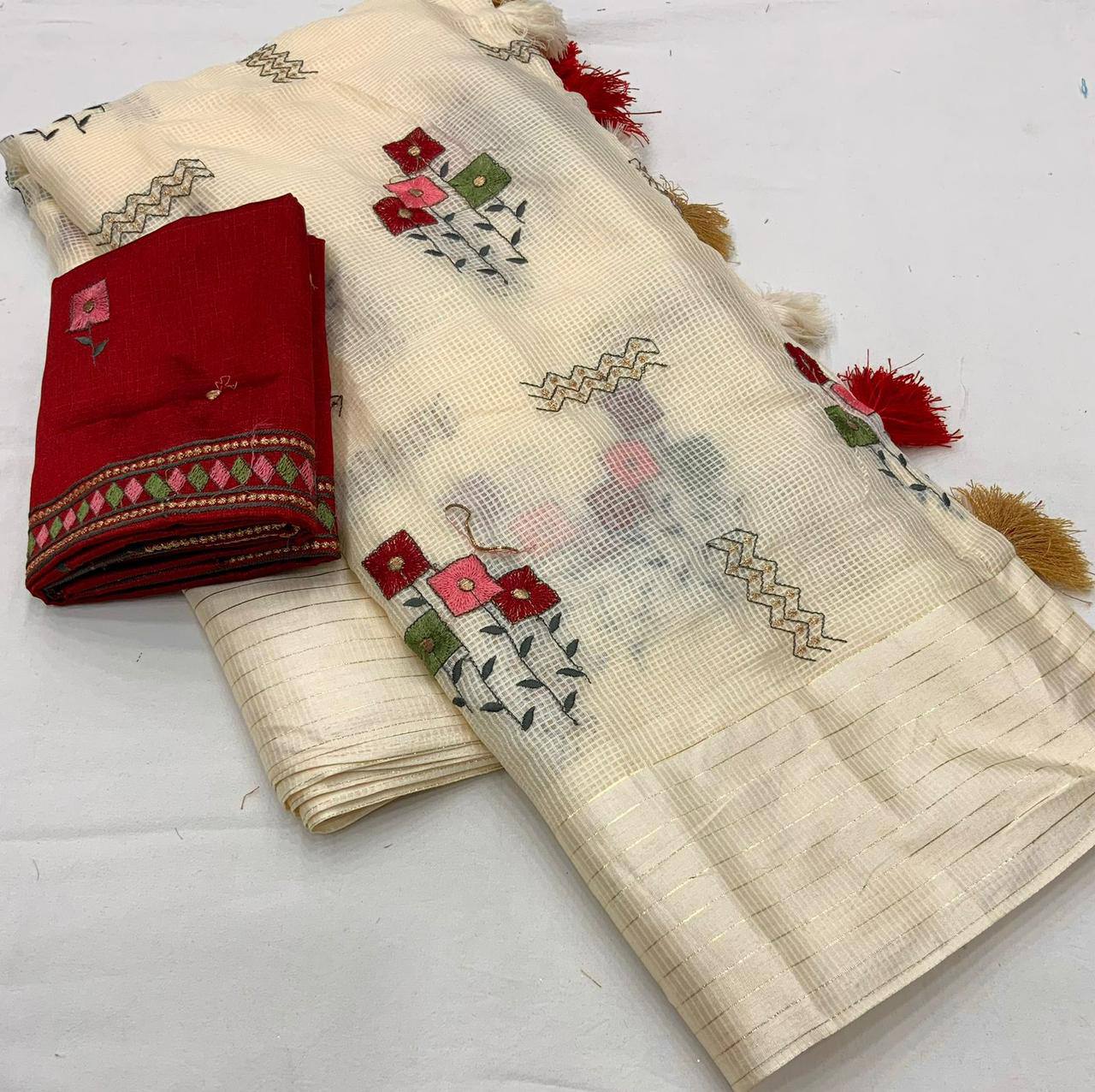 Embroidered Soft Kota Silk Saree with Contrast Phantom Silk Blouse