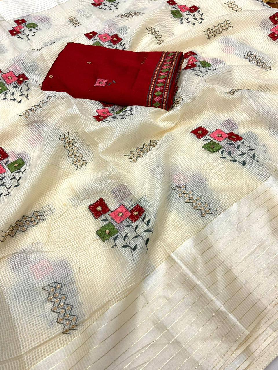 Embroidered Soft Kota Silk Saree with Contrast Phantom Silk Blouse