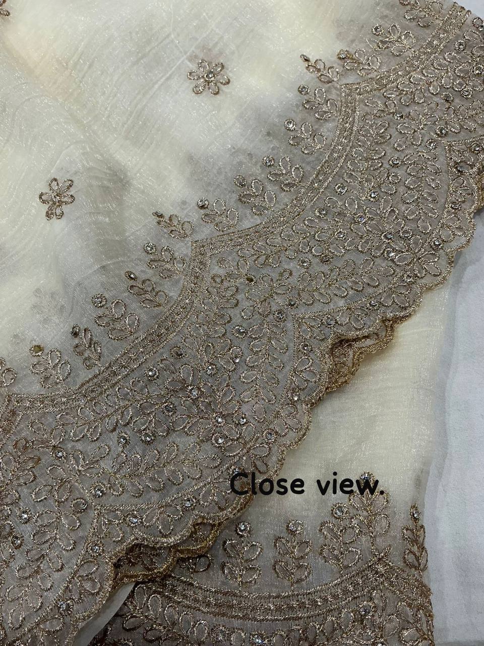 Elegant Off White Zari Embroidery Work Crunchy Crush Saree with Contrast Rani Banarasi Blouse