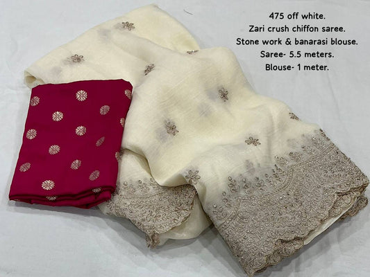 Elegant Off White Zari Embroidery Work Crunchy Crush Saree with Contrast Rani Banarasi Blouse