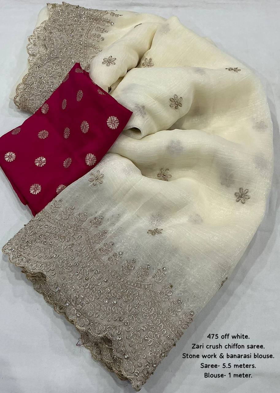 Elegant Off White Zari Embroidery Work Crunchy Crush Saree with Contrast Rani Banarasi Blouse