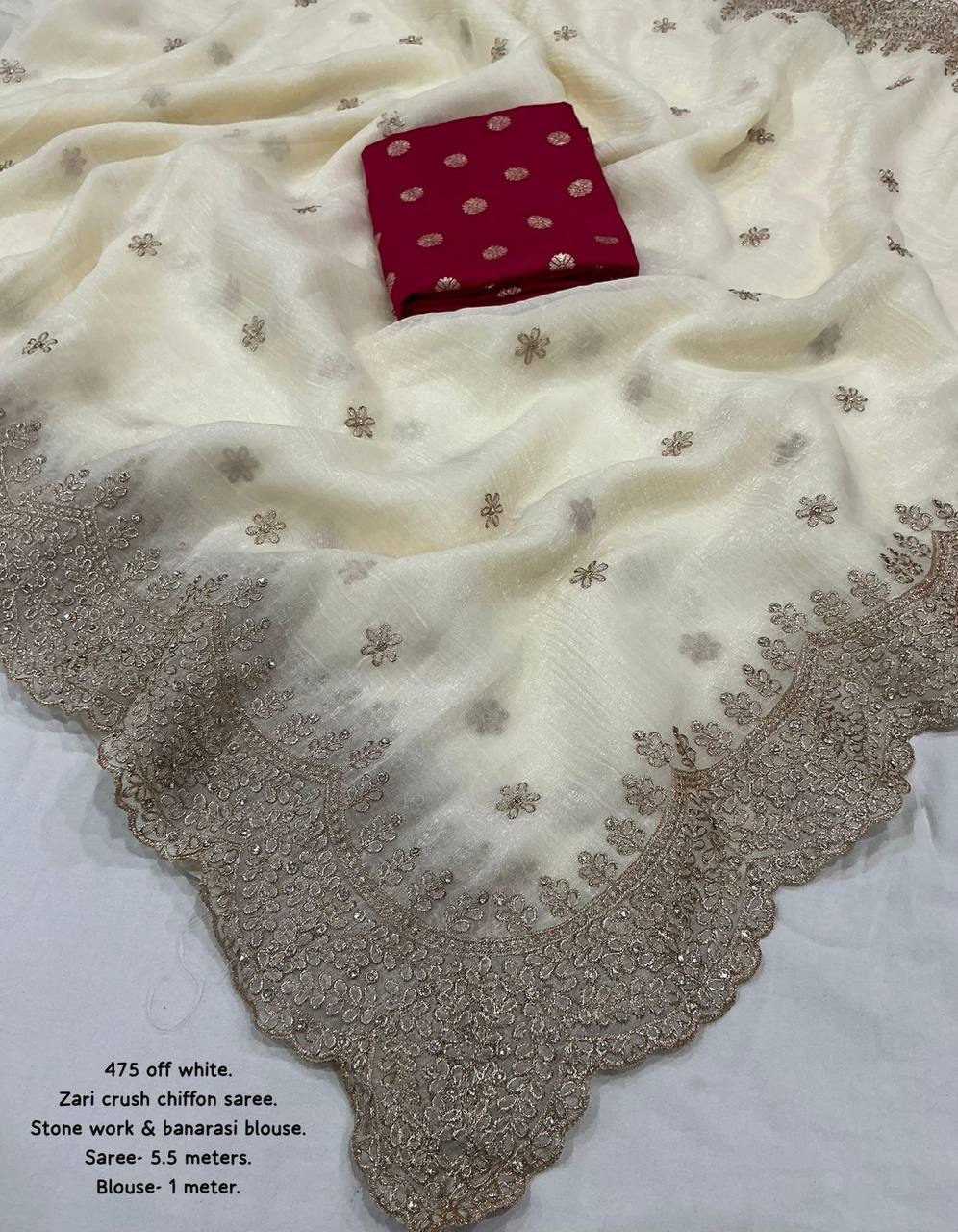 Elegant Off White Zari Embroidery Work Crunchy Crush Saree with Contrast Rani Banarasi Blouse