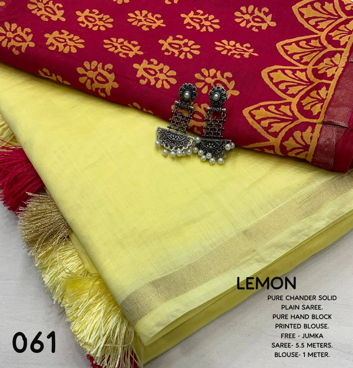 Elegant Solid Hand Block Printed Chanderi Silk Saree with Contrast Blouse & Jumka Gift