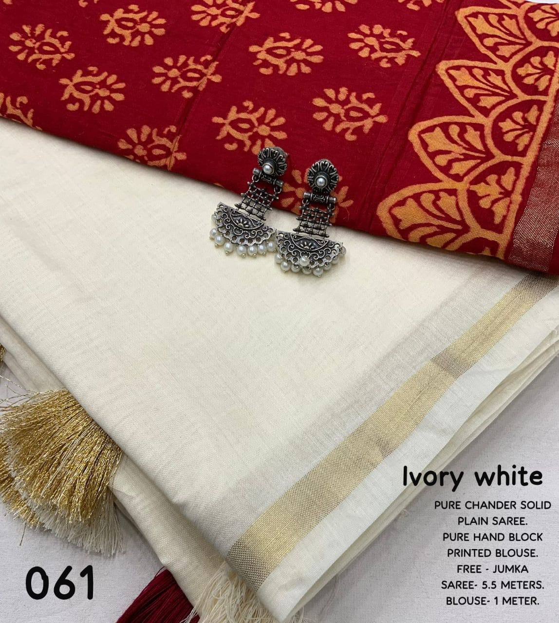 Elegant Solid Hand Block Printed Chanderi Silk Saree with Contrast Blouse & Jumka Gift