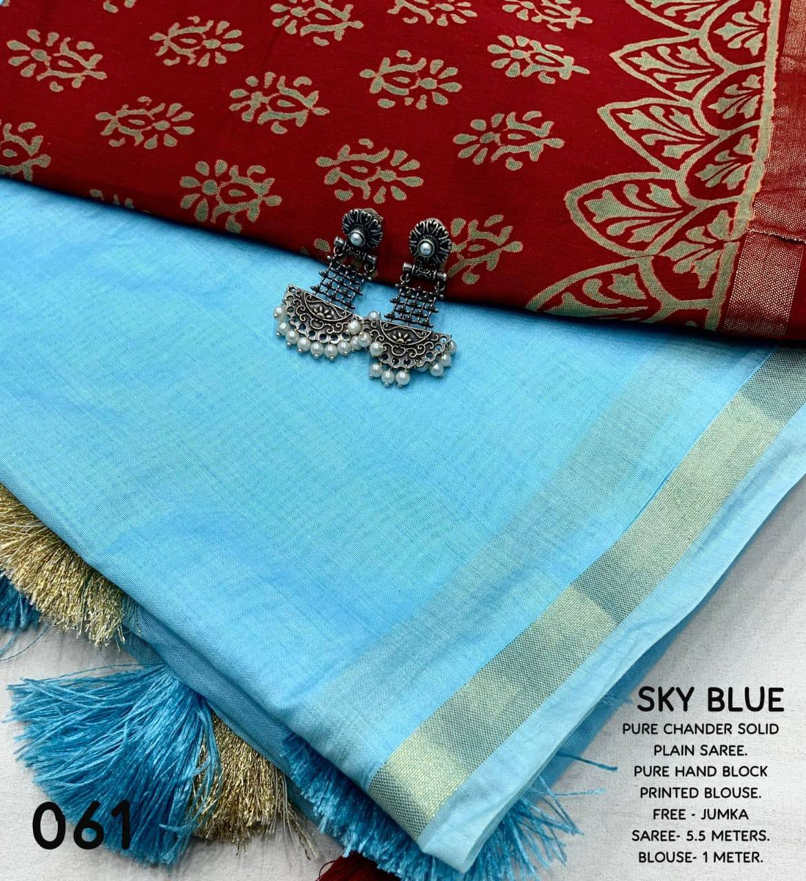 Elegant Solid Hand Block Printed Chanderi Silk Saree with Contrast Blouse & Jumka Gift