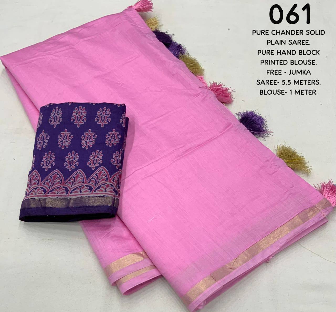Elegant Solid Hand Block Printed Chanderi Silk Saree with Contrast Blouse & Jumka Gift