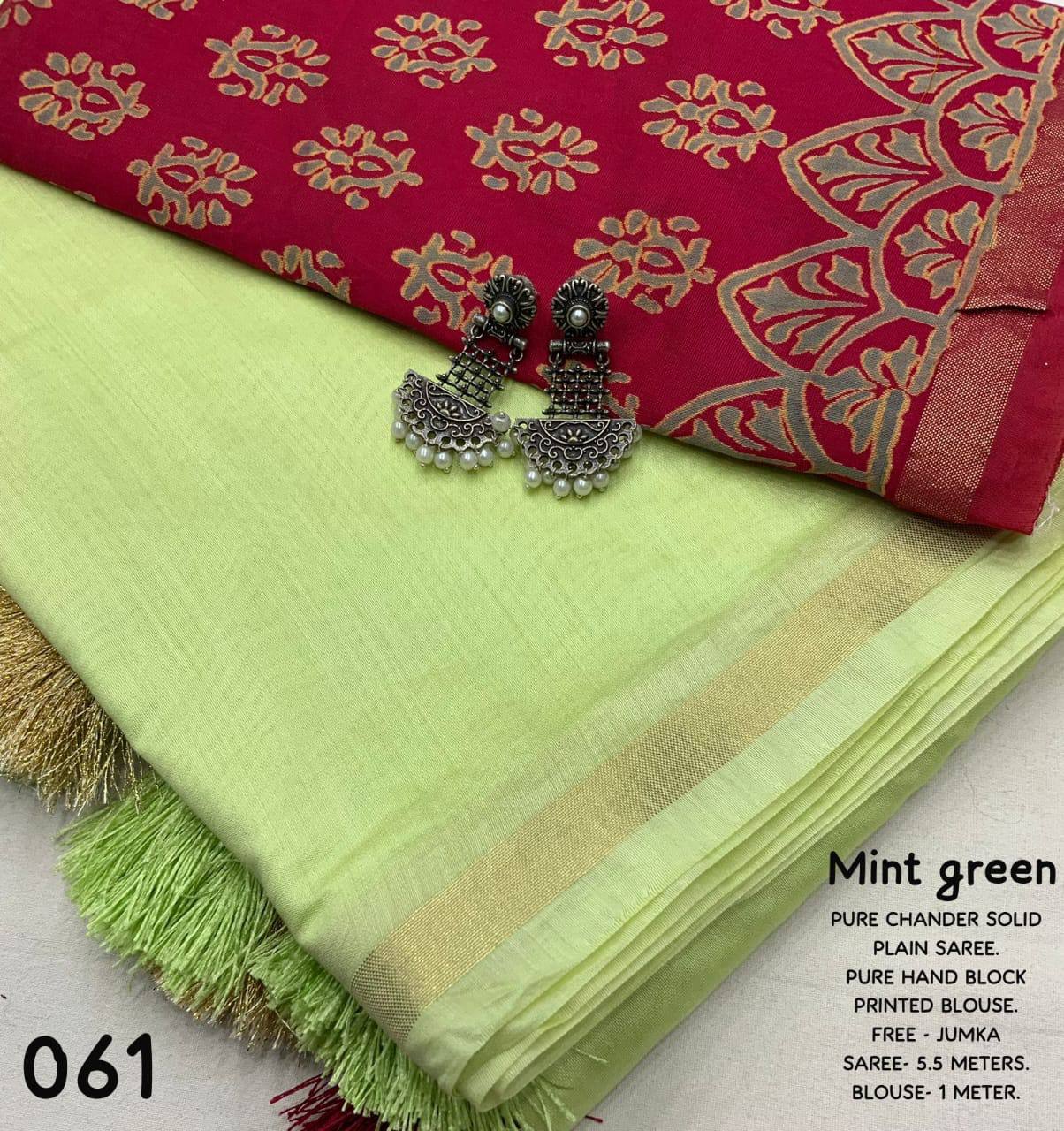 Elegant Solid Hand Block Printed Chanderi Silk Saree with Contrast Blouse & Jumka Gift