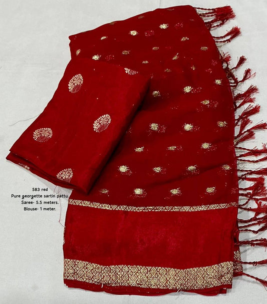 Premium Pure Georgette Satin Patta Border Zari Butti Allower Saree with Dola Silk Blouse