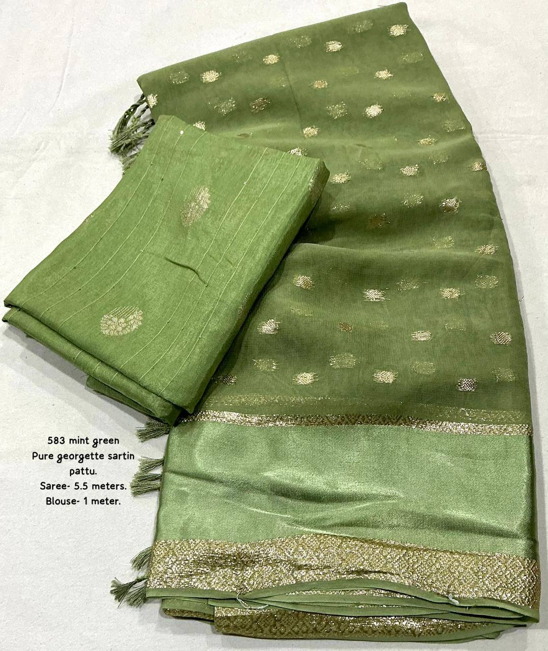 Premium Pure Georgette Satin Patta Border Zari Butti Allower Saree with Dola Silk Blouse