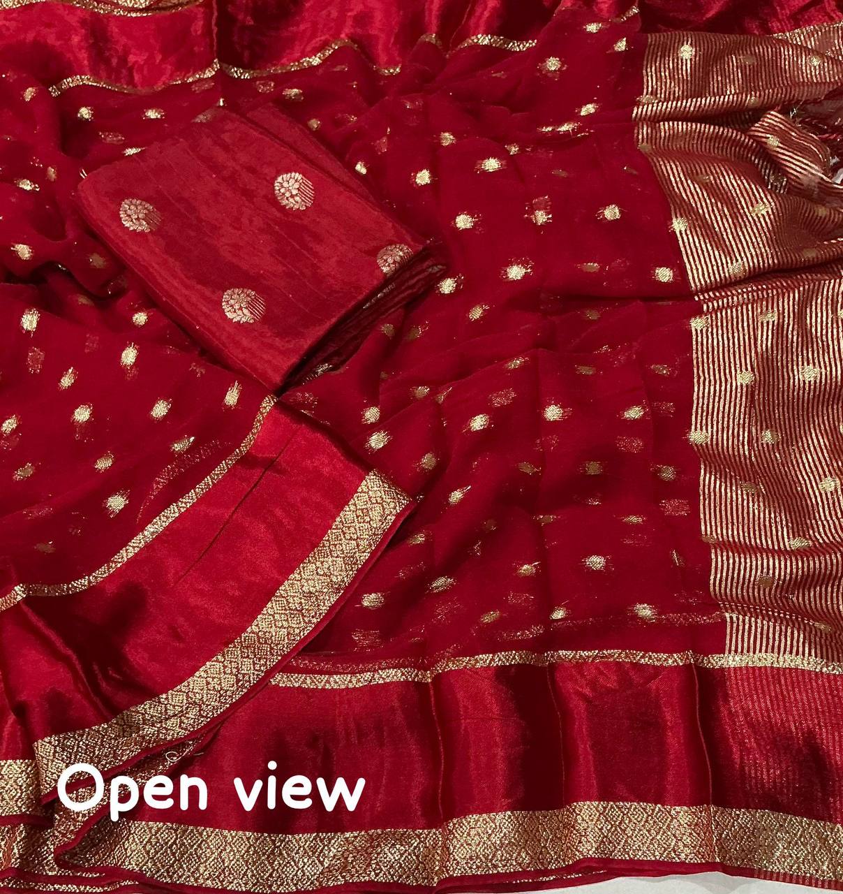 Premium Pure Georgette Satin Patta Border Zari Butti Allower Saree with Dola Silk Blouse