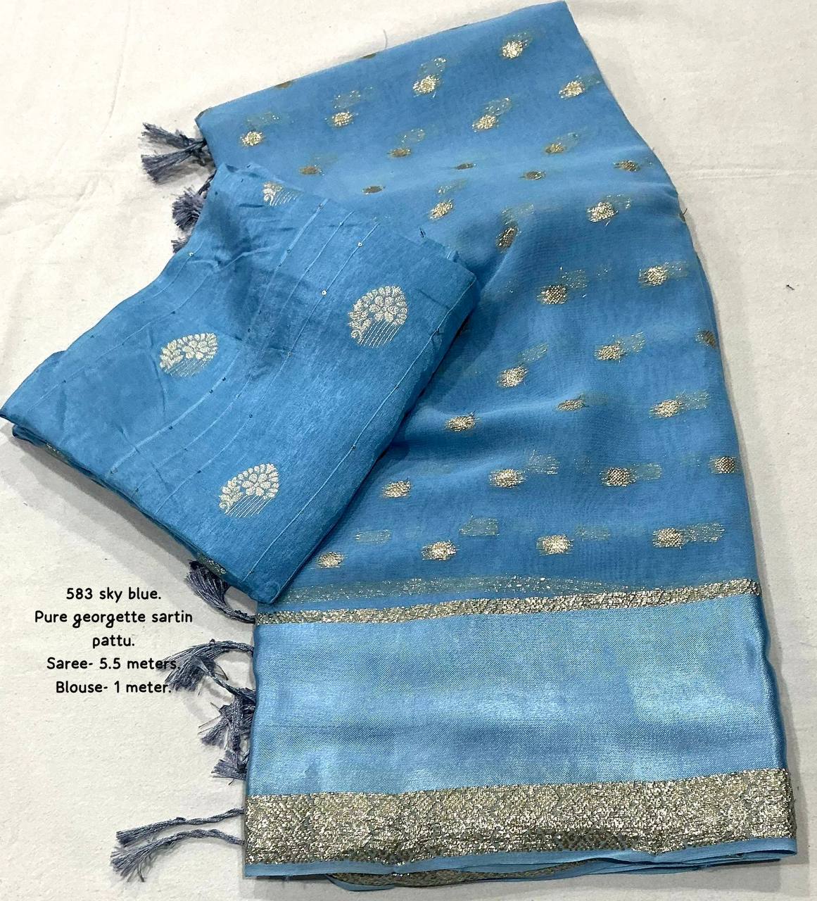 Premium Pure Georgette Satin Patta Border Zari Butti Allower Saree with Dola Silk Blouse