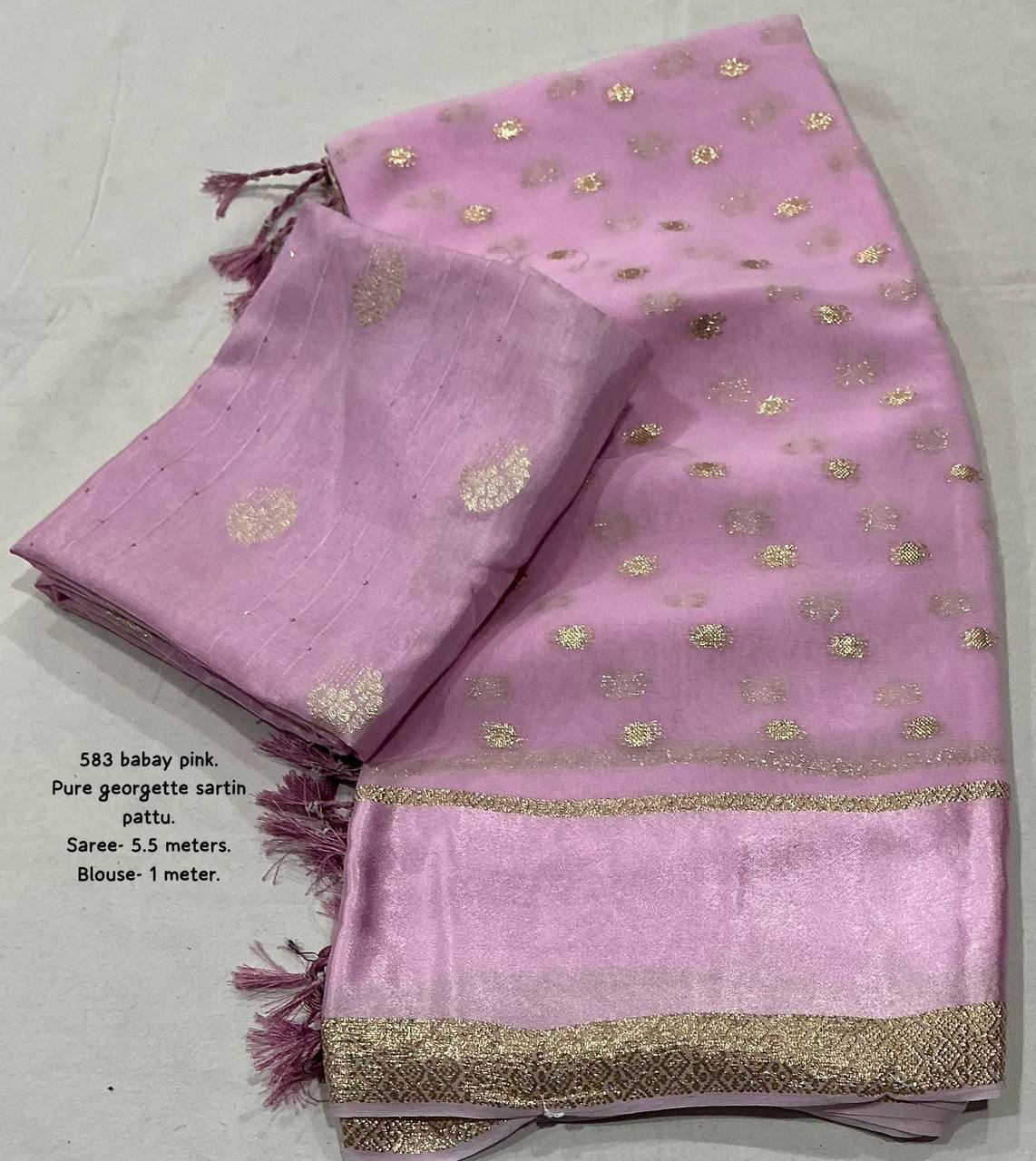 Premium Pure Georgette Satin Patta Border Zari Butti Allower Saree with Dola Silk Blouse