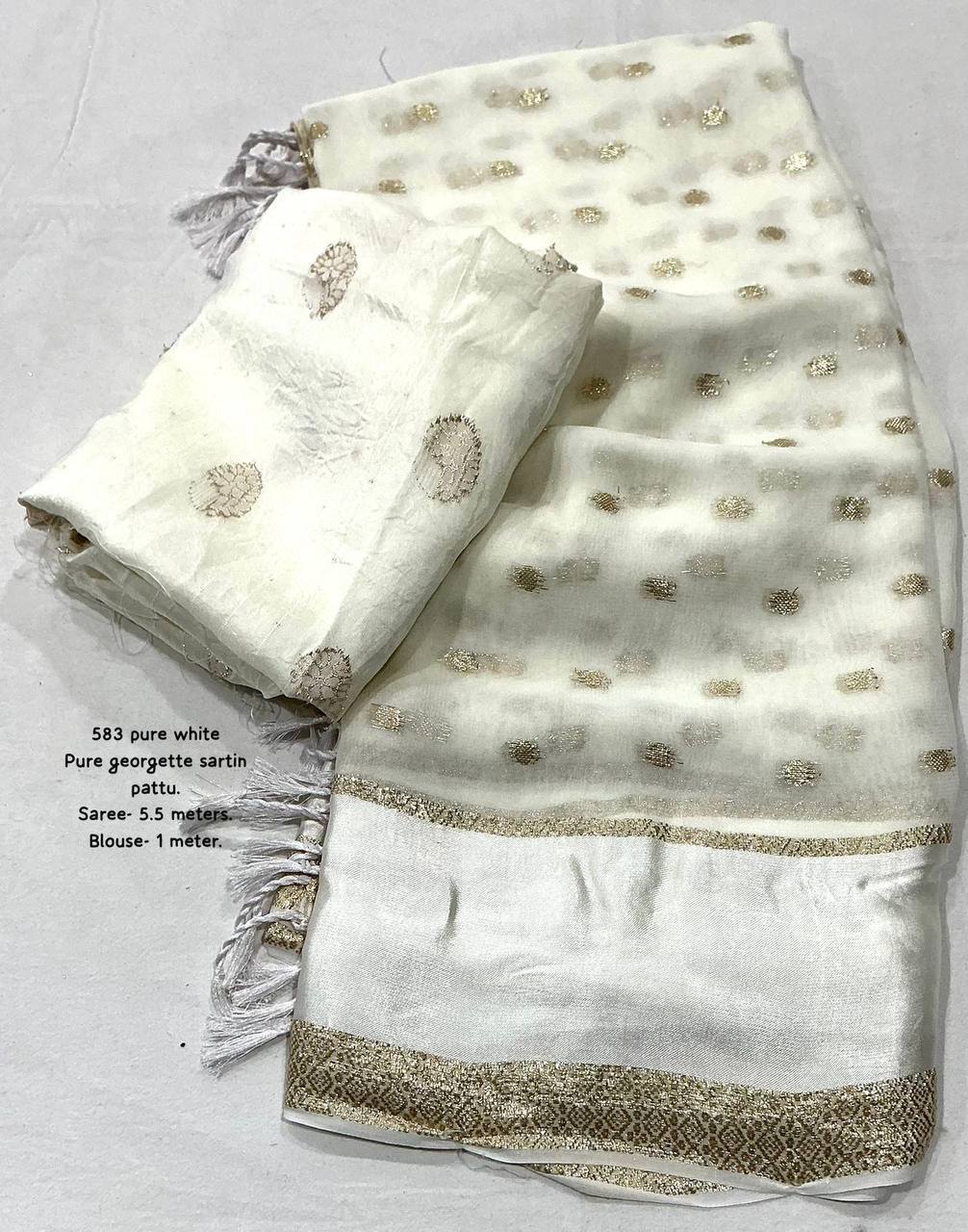 Premium Pure Georgette Satin Patta Border Zari Butti Allower Saree with Dola Silk Blouse