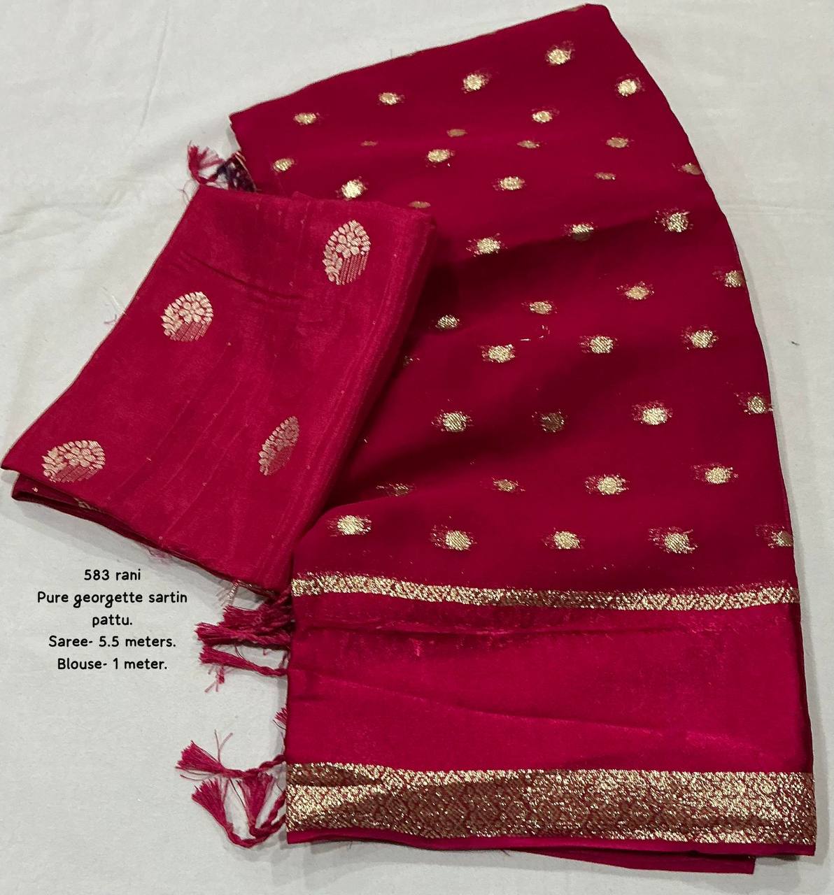 Premium Pure Georgette Satin Patta Border Zari Butti Allower Saree with Dola Silk Blouse