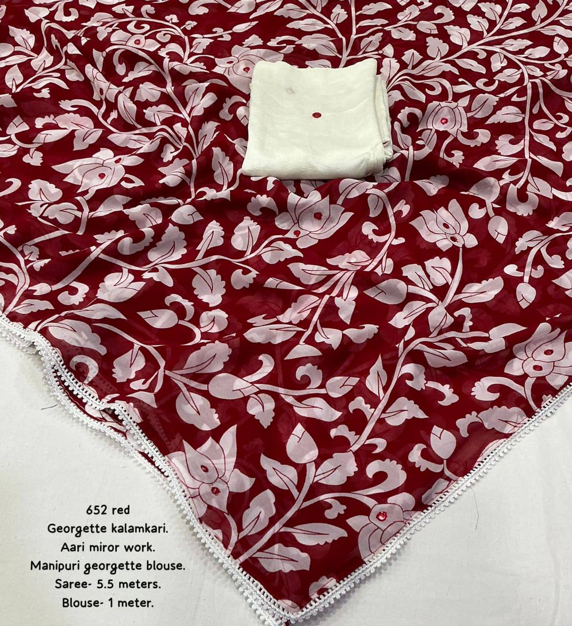 Aari Mirror Work Georgette Kalamkari Allover Saree with Contrast Manipuri Blouse