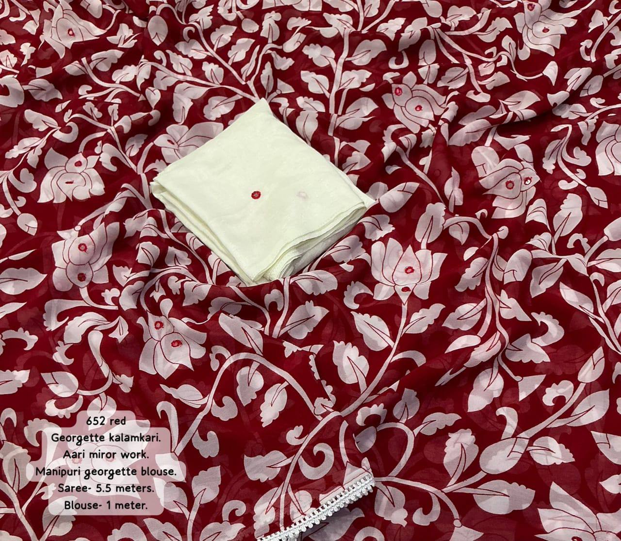 Aari Mirror Work Georgette Kalamkari Allover Saree with Contrast Manipuri Blouse