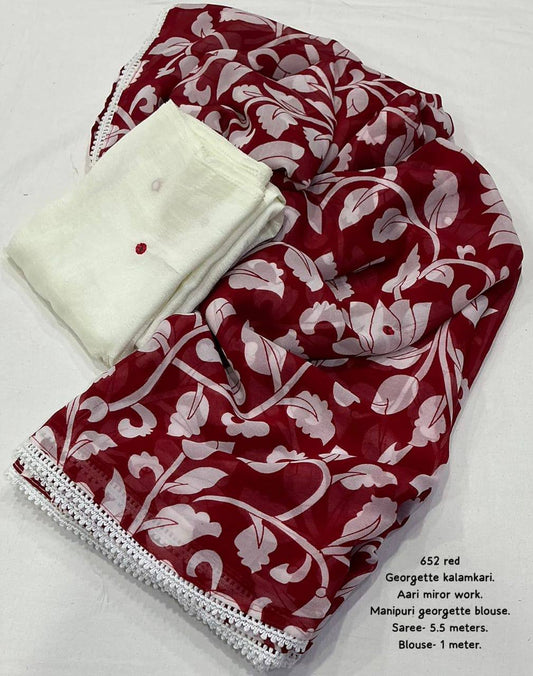 Aari Mirror Work Georgette Kalamkari Allover Saree with Contrast Manipuri Blouse