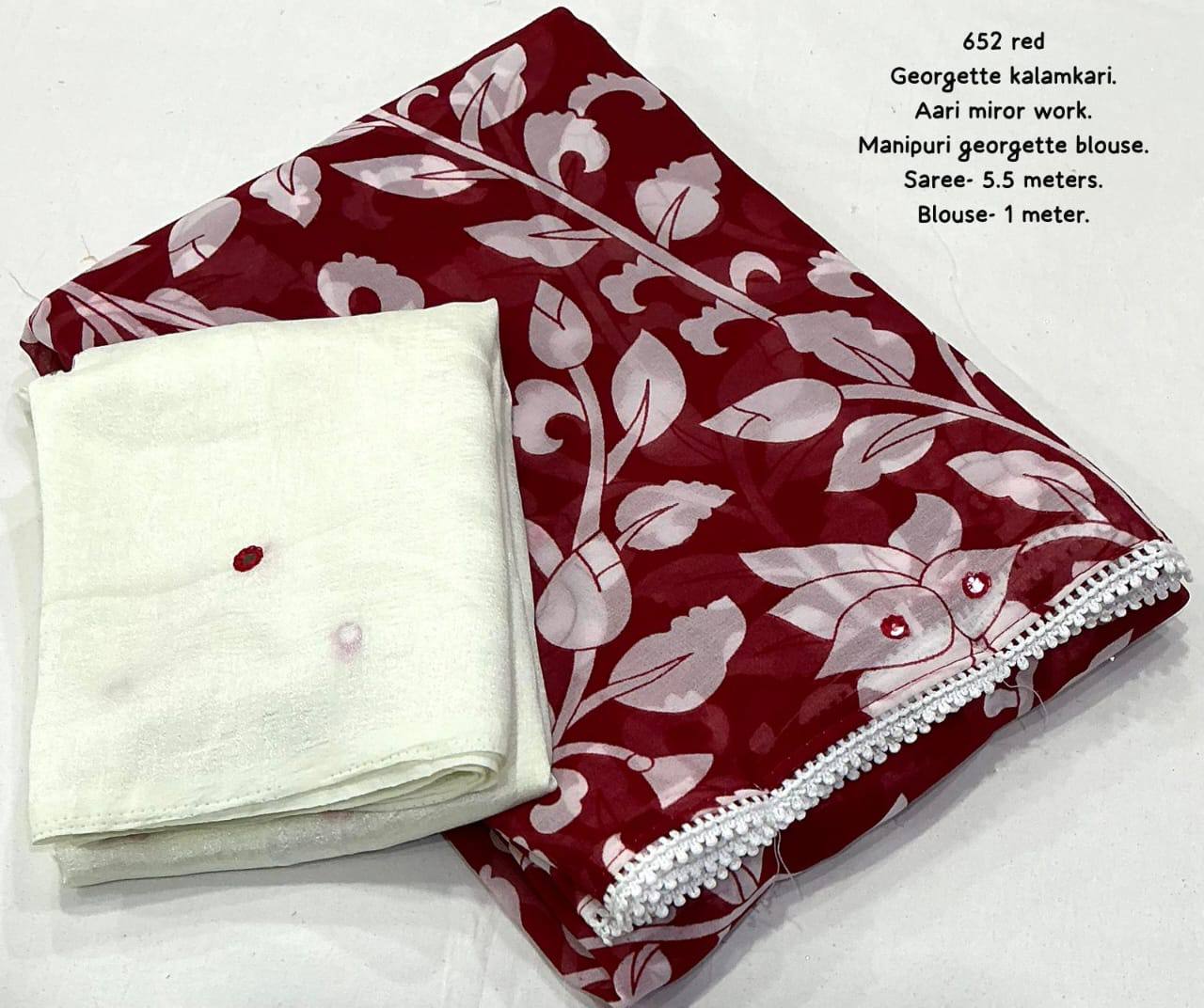 Aari Mirror Work Georgette Kalamkari Allover Saree with Contrast Manipuri Blouse