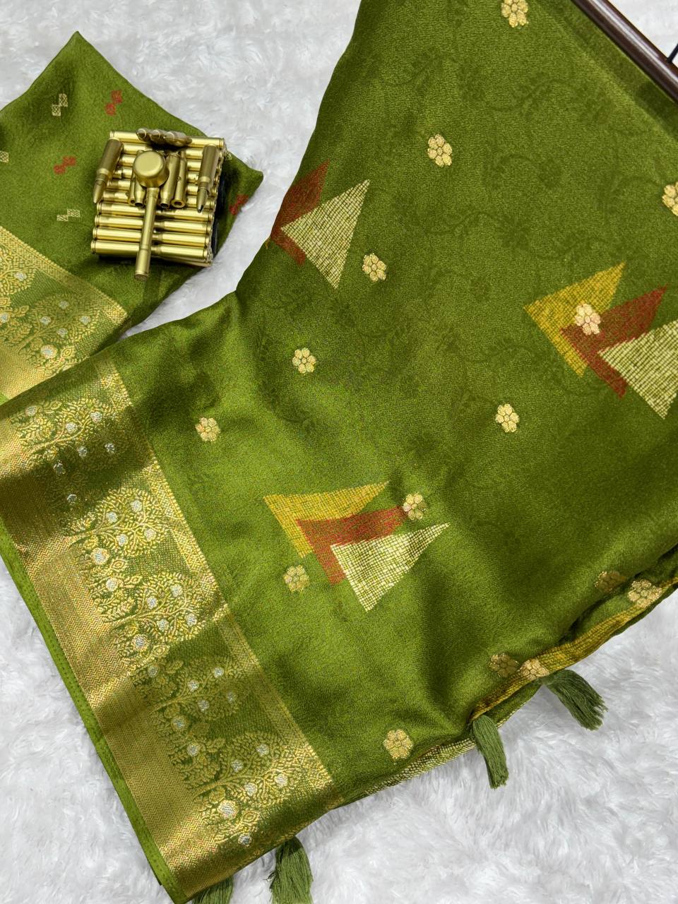 Designer Dual Zari Weaving Border Printed Dull Moss Saree With Blouse