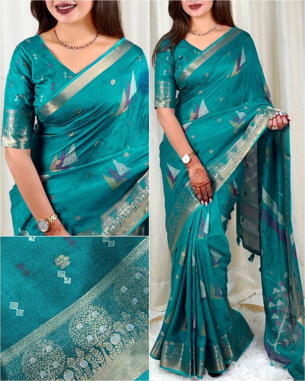 Designer Dual Zari Weaving Border Printed Dull Moss Saree With Blouse