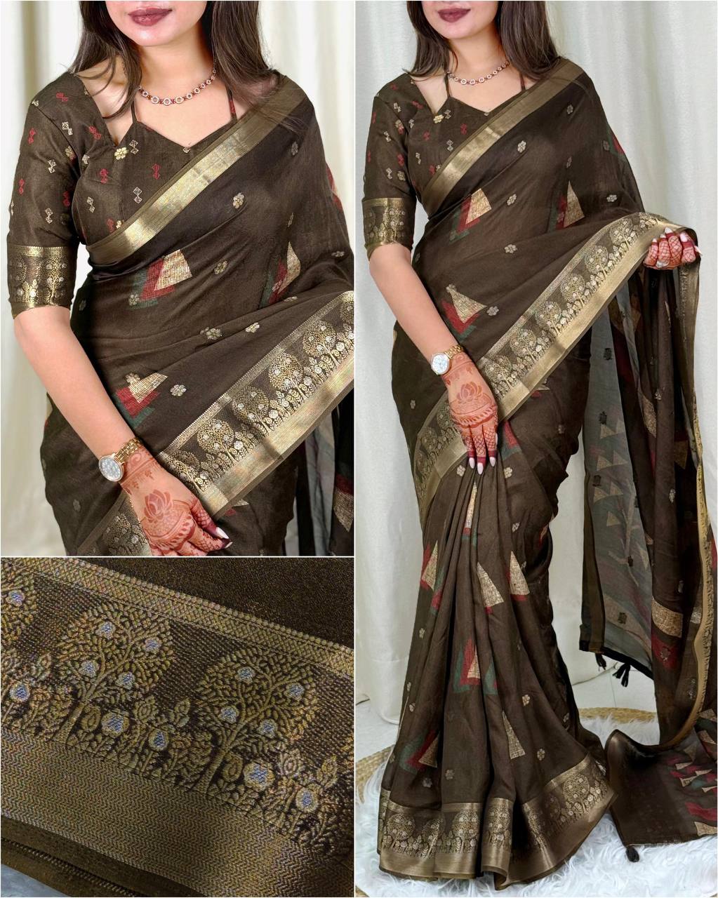 Designer Dual Zari Weaving Border Printed Dull Moss Saree With Blouse