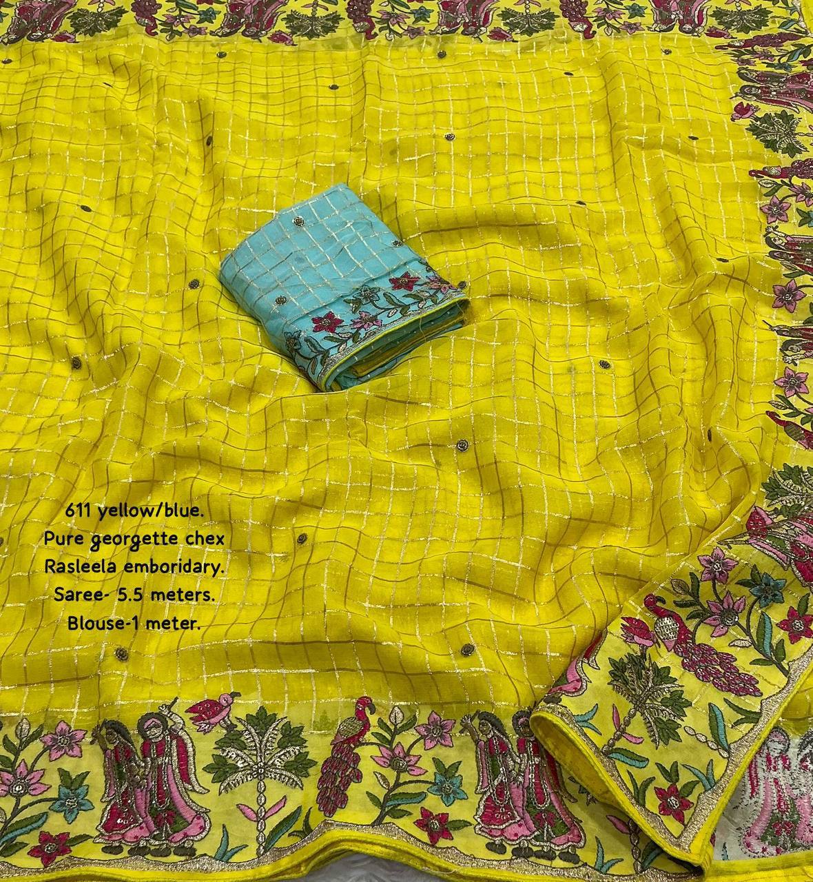 Premium Heavy Sequin Embroidery Pure Georgette Zari Woven Checkered Saree with Contrast Blouse