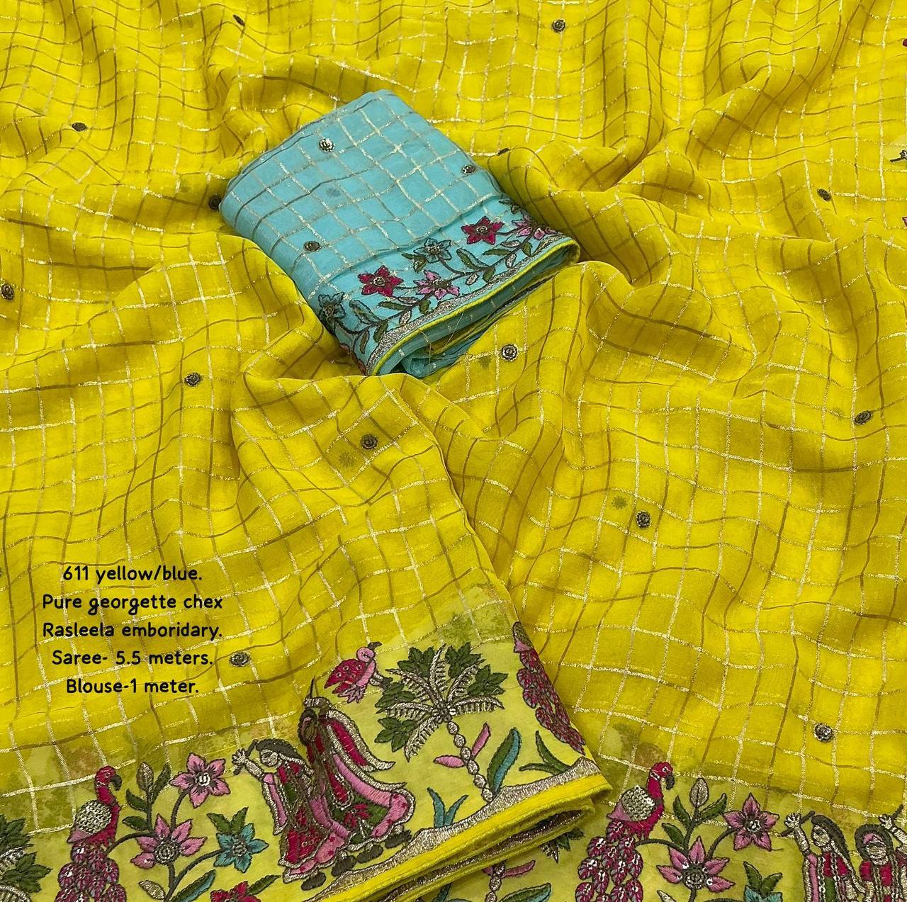 Premium Heavy Sequin Embroidery Pure Georgette Zari Woven Checkered Saree with Contrast Blouse