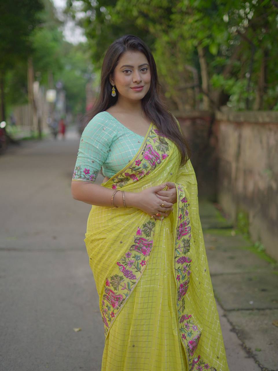 Premium Heavy Sequin Embroidery Pure Georgette Zari Woven Checkered Saree with Contrast Blouse