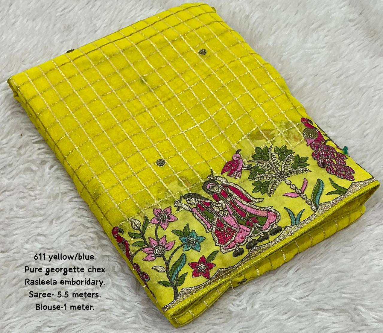 Premium Heavy Sequin Embroidery Pure Georgette Zari Woven Checkered Saree with Contrast Blouse