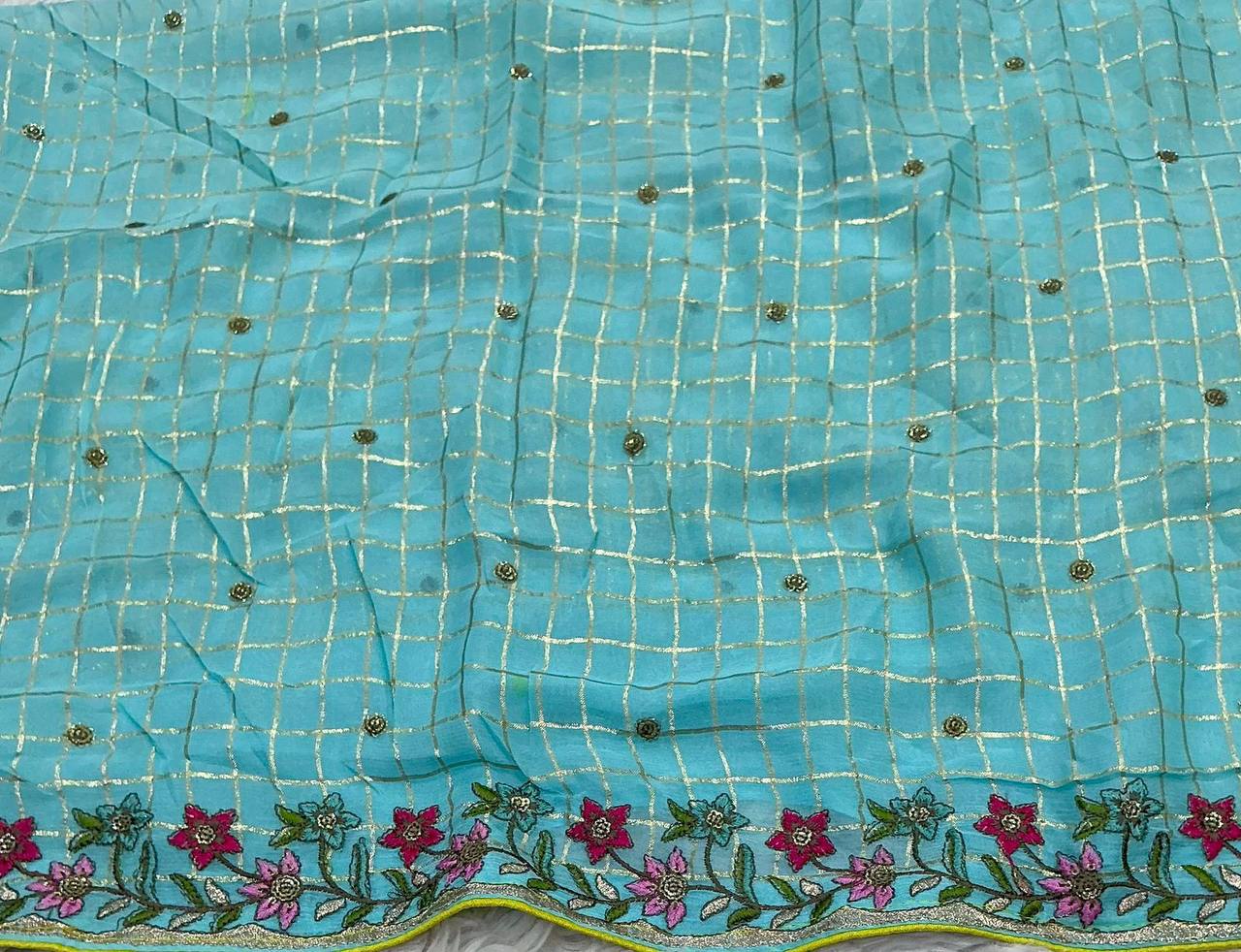 Premium Heavy Sequin Embroidery Pure Georgette Zari Woven Checkered Saree with Contrast Blouse