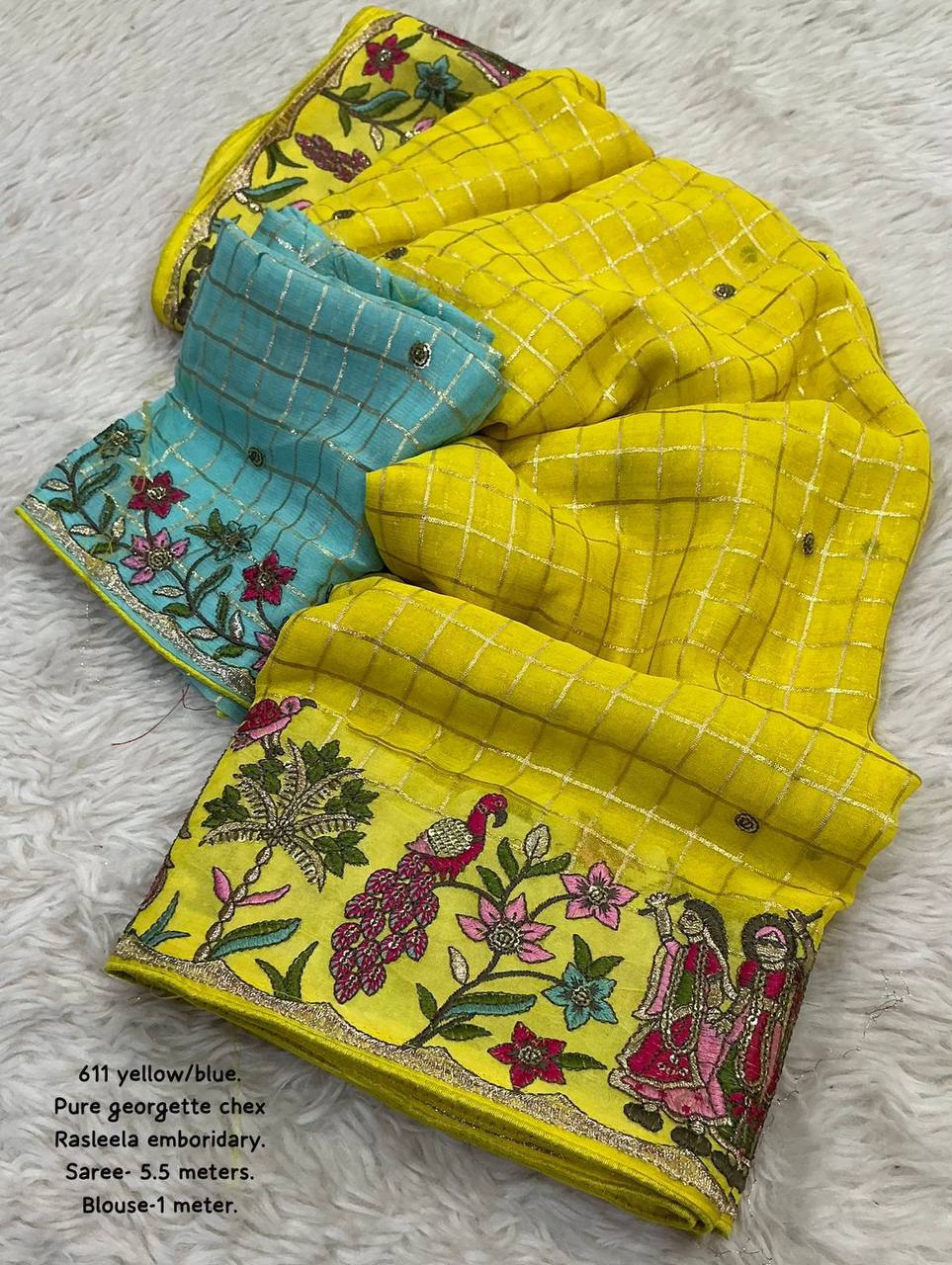 Premium Heavy Sequin Embroidery Pure Georgette Zari Woven Checkered Saree with Contrast Blouse