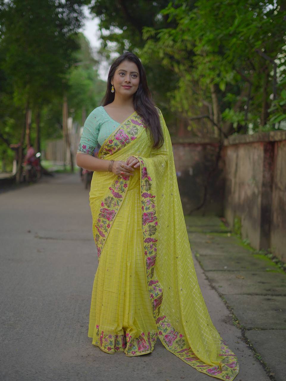 Premium Heavy Sequin Embroidery Pure Georgette Zari Woven Checkered Saree with Contrast Blouse