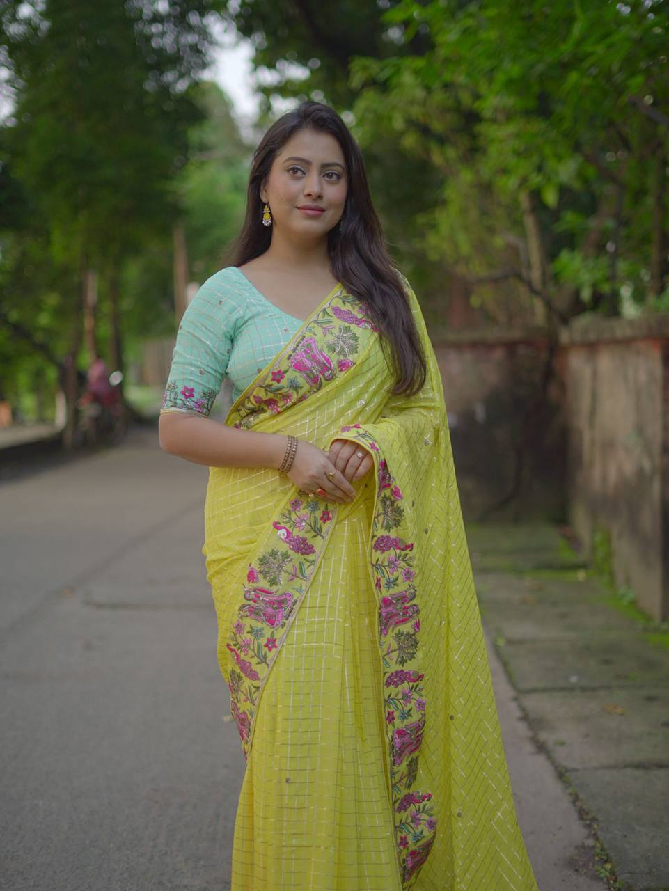 Premium Heavy Sequin Embroidery Pure Georgette Zari Woven Checkered Saree with Contrast Blouse