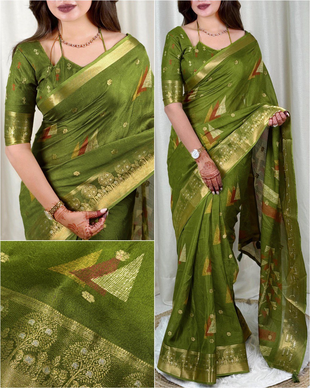 Designer Dual Zari Weaving Border Printed Dull Moss Saree With Blouse