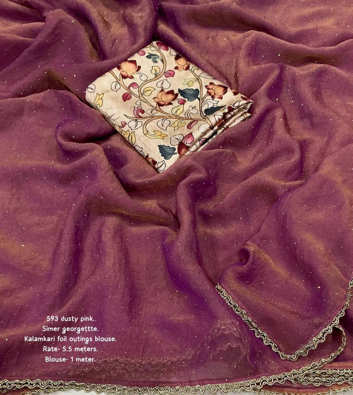 Shimmer Georgette Siroski Stone Work Saree with Kalamkari Printed Blouse