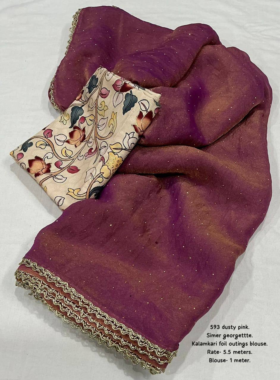 Shimmer Georgette Siroski Stone Work Saree with Kalamkari Printed Blouse