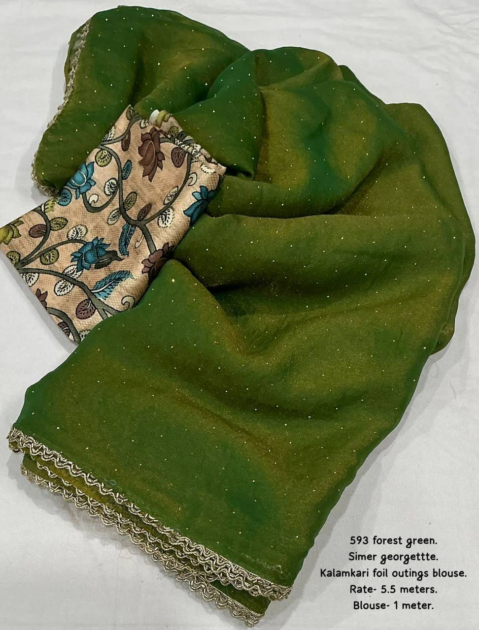 Shimmer Georgette Siroski Stone Work Saree with Kalamkari Printed Blouse