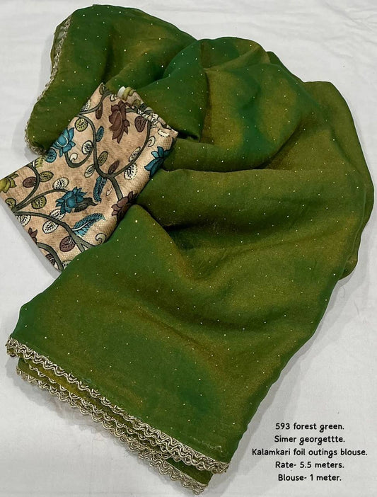 Shimmer Georgette Siroski Stone Work Saree with Kalamkari Printed Blouse