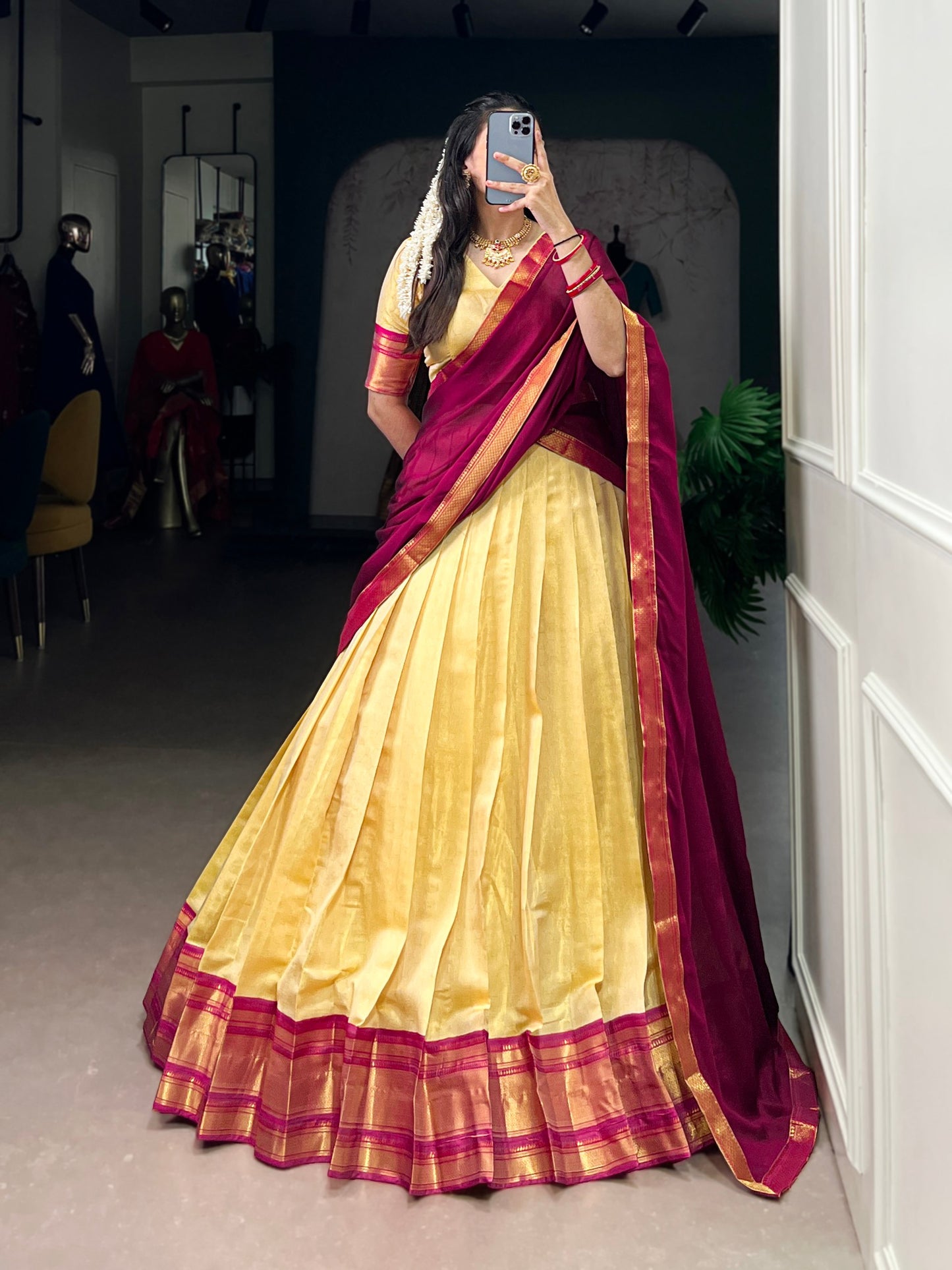 Golden Zari Kanchipuram Half Saree Look Lehenga Choli Set