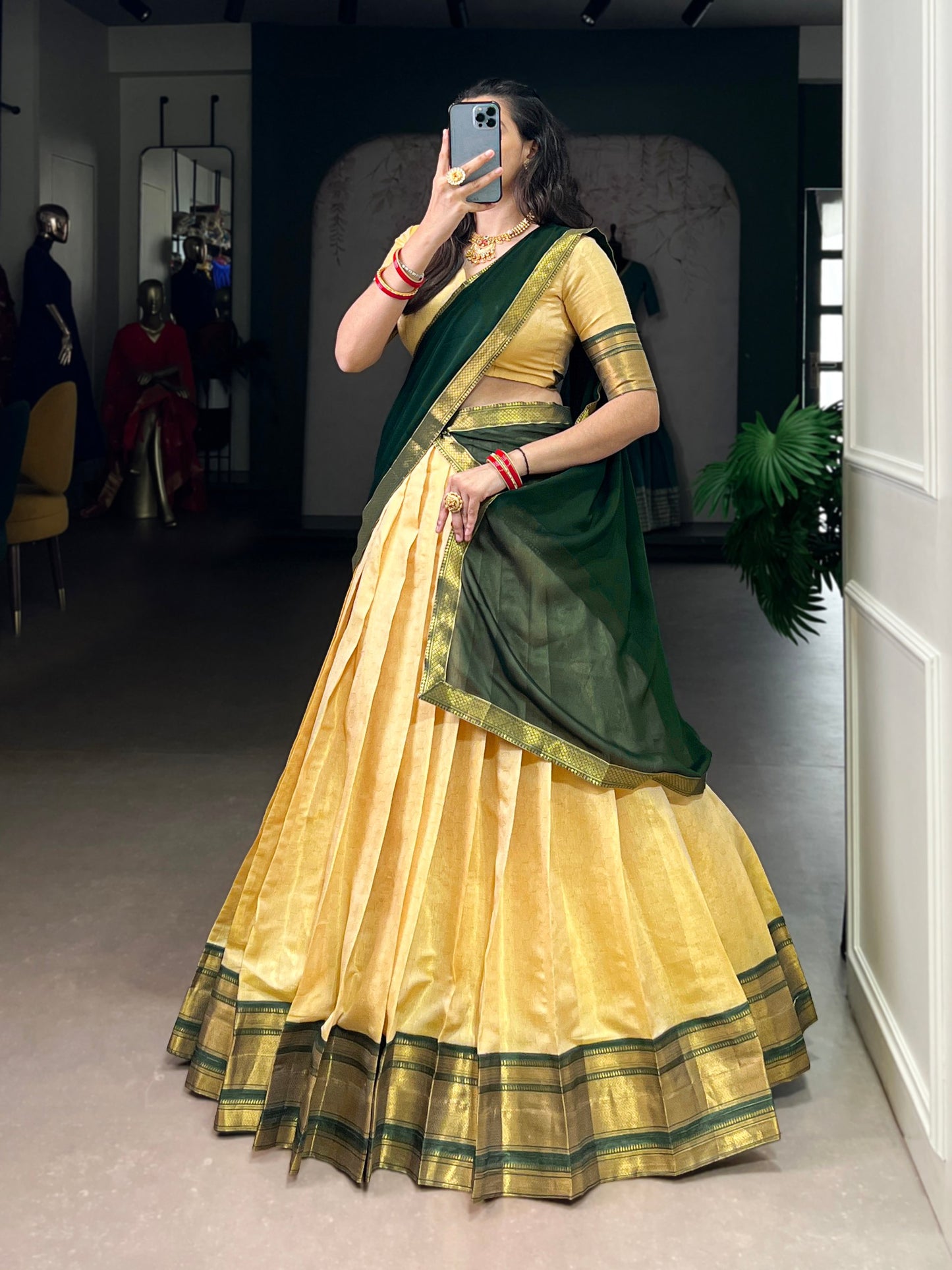 Golden Zari Kanchipuram Half Saree Look Lehenga Choli Set