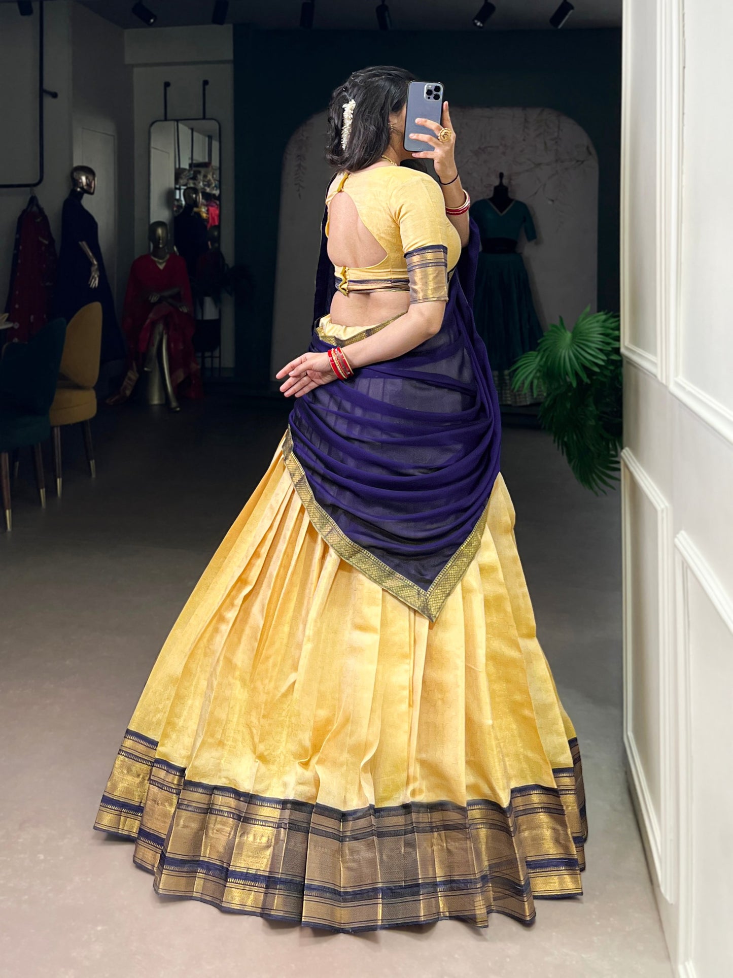 Golden Zari Kanchipuram Half Saree Look Lehenga Choli Set