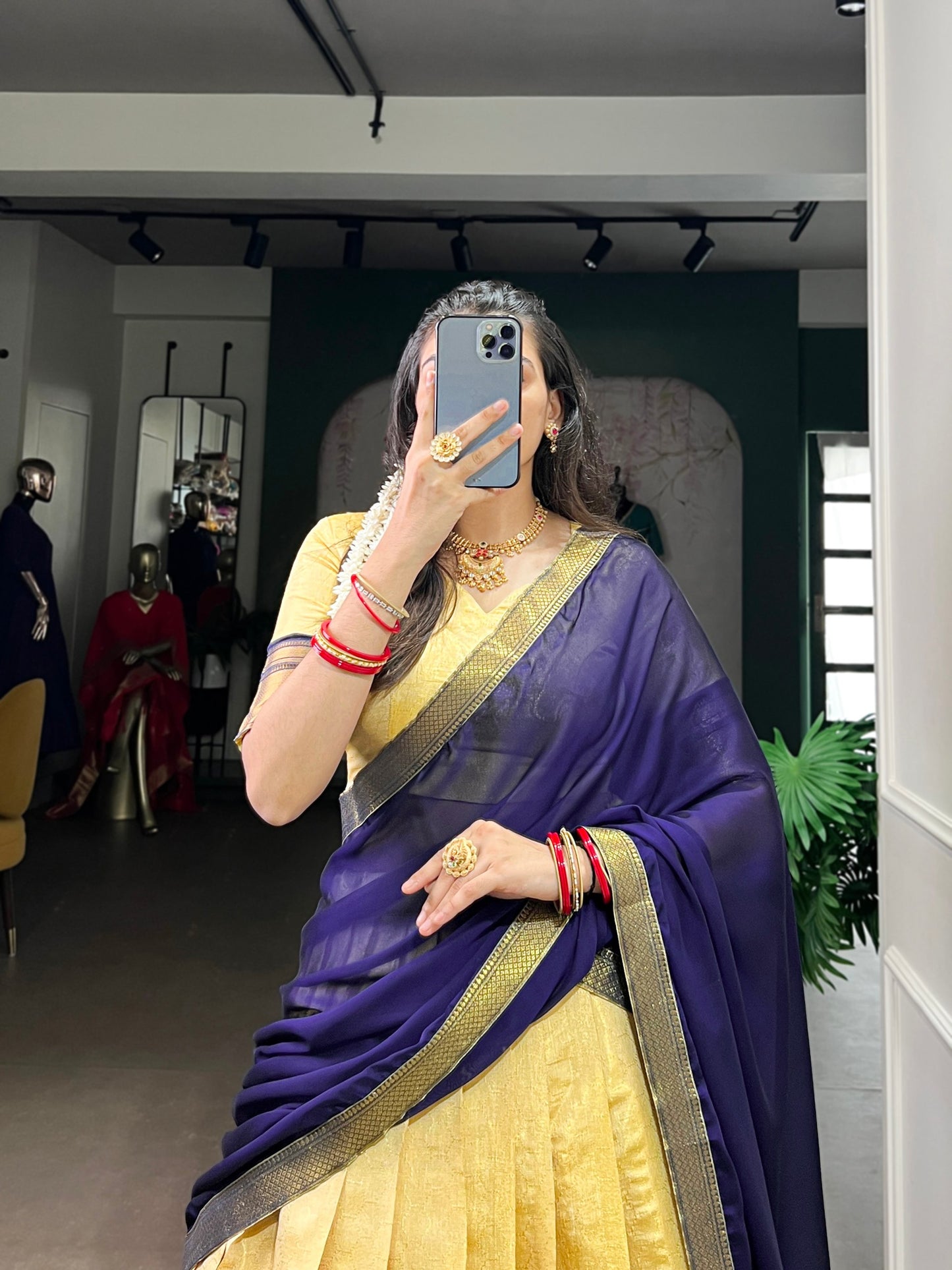 Golden Zari Kanchipuram Half Saree Look Lehenga Choli Set